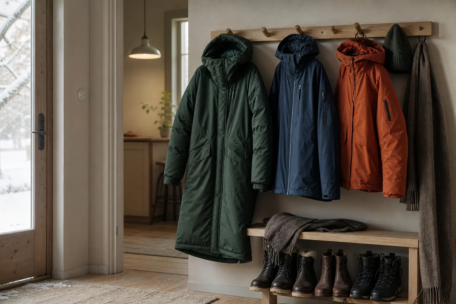 Tre parkas i olika längd och konstruktion på krokar i en vinterhall