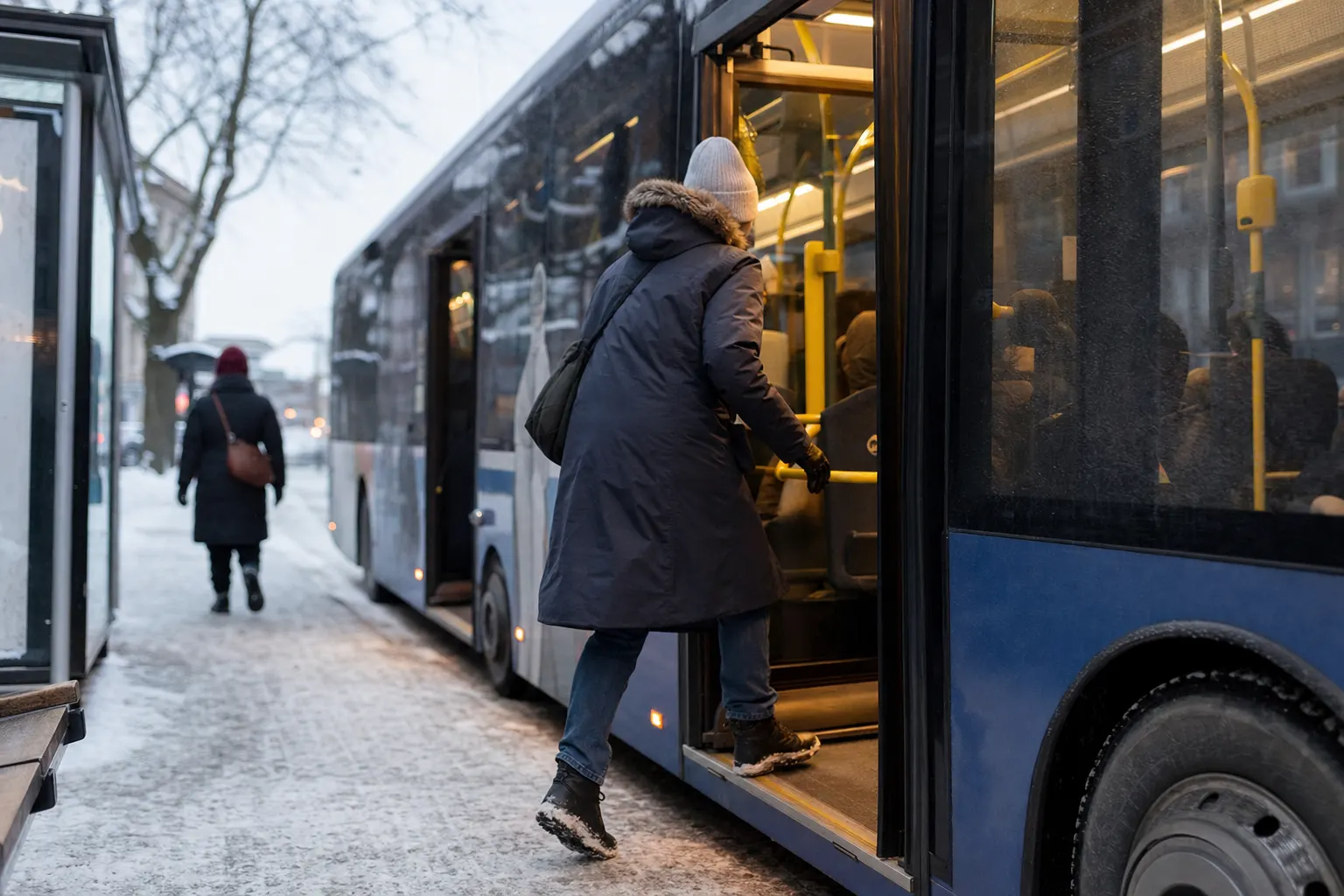Person i knälång parkas kliver ombord på en stadsbuss i vinterväder