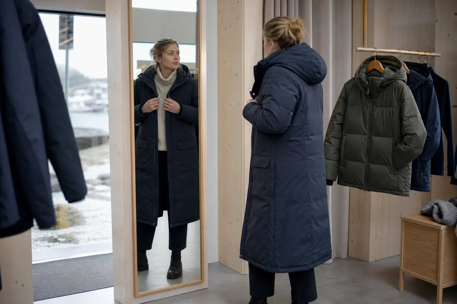 Kvinna jämför en lång och en kortare parkas framför en spegel
