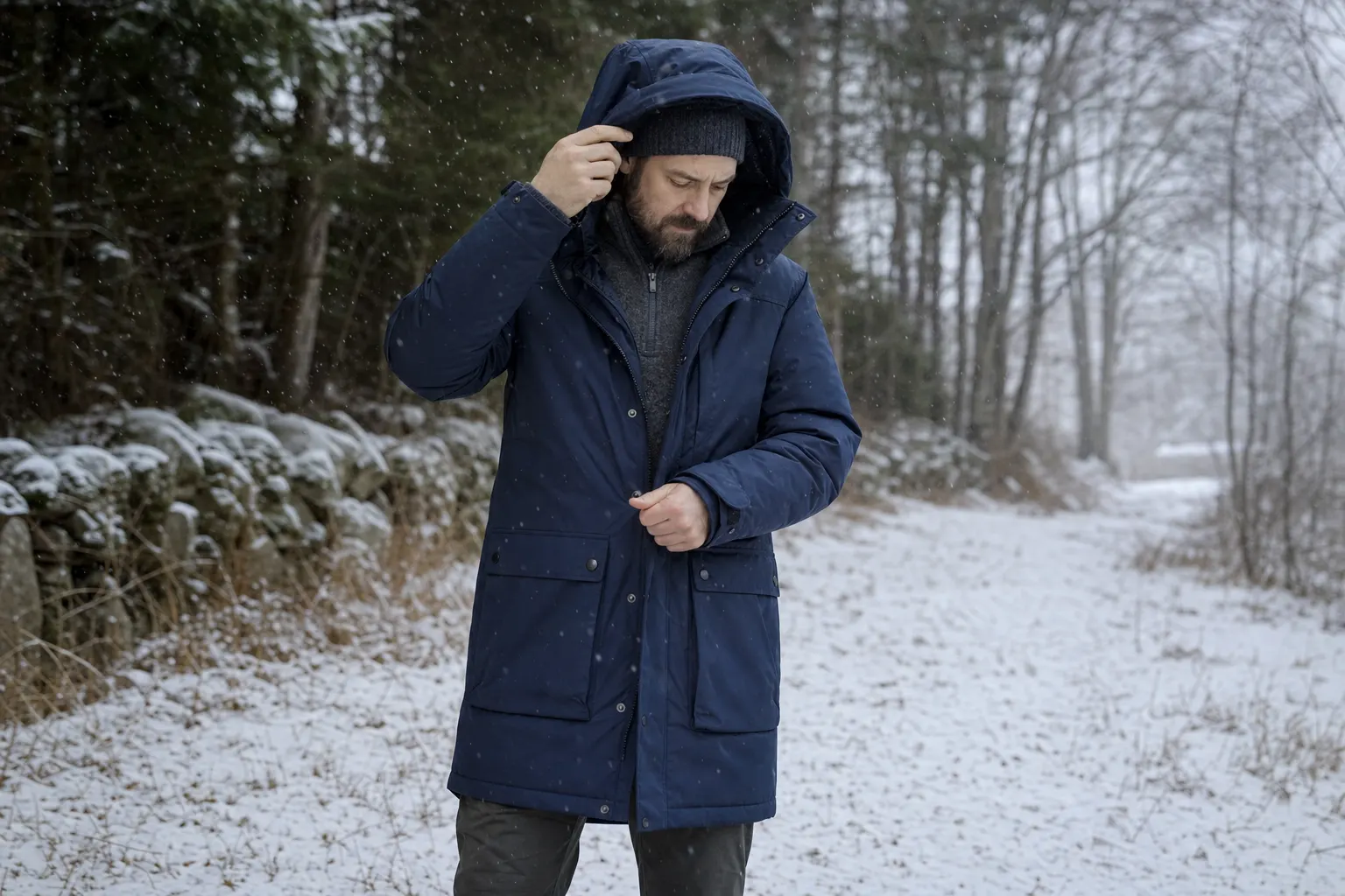 Man justerar huvan på en parkas under en snöig vinterpromenad