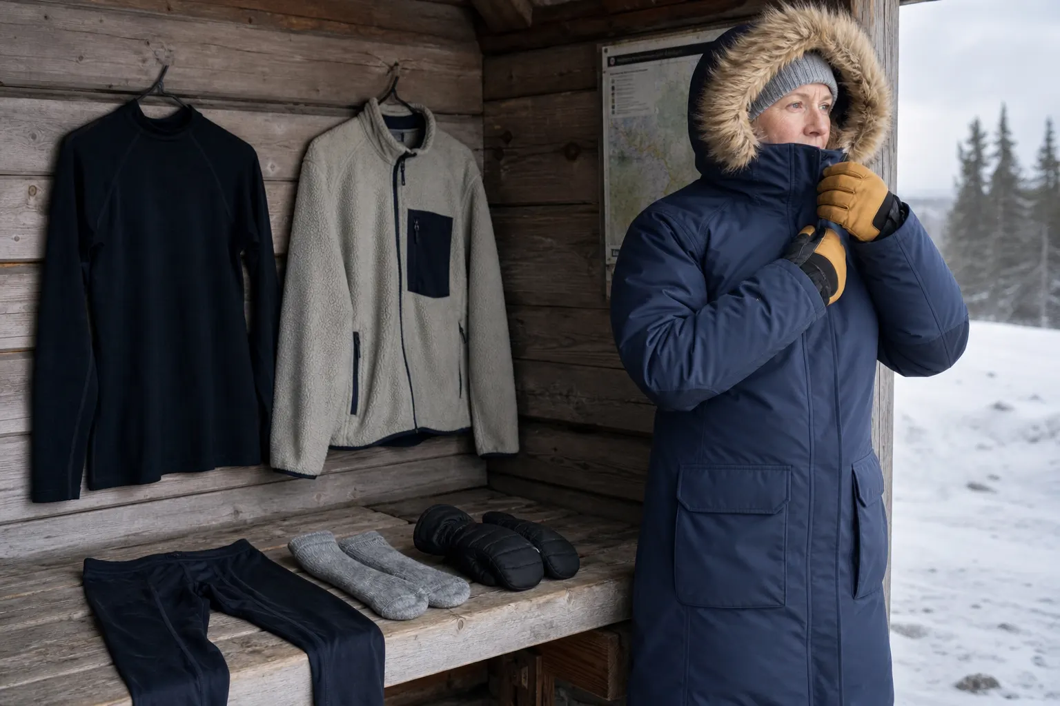 Person förbereder baslager, mellanlager och parkas vid ett vintrigt vindskydd
