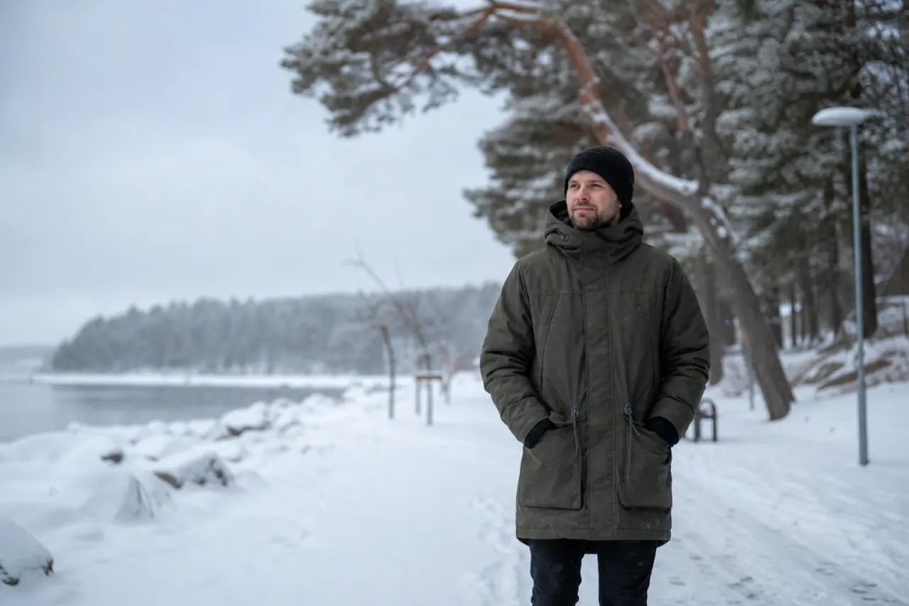 Person i lång parkas på en snötäckt gångväg